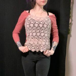 Free People Coral and Cream Lace Top